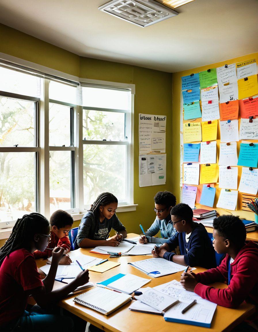 A dynamic classroom scene featuring a diverse group of eager students actively engaging in a creative writing workshop. One student is enthusiastically sharing their ideas, while others are taking notes, surrounded by colorful posters displaying key writing techniques. The atmosphere is lively and inspiring, with bright sunlight streaming through windows. The table is cluttered with notebooks, pens, and a whiteboard full of brainstorming notes. vibrant colors. super-realistic.