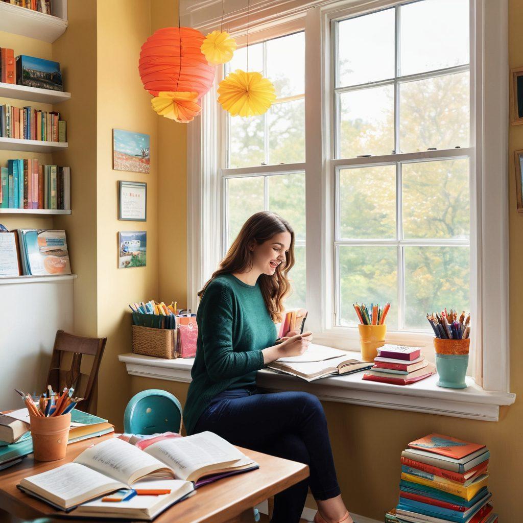 A cheerful and inviting study space filled with colorful grammar and composition books, a cup of coffee, and an open notebook with handwritten tips. Brightly illustrated grammar rules float in the air around a smiling person joyfully writing. Sunlight streams through a window, creating a warm and inspiring atmosphere. Whimsical elements like pencils, lightbulbs, and playful doodles enhance the scene. vibrant colors. painting.