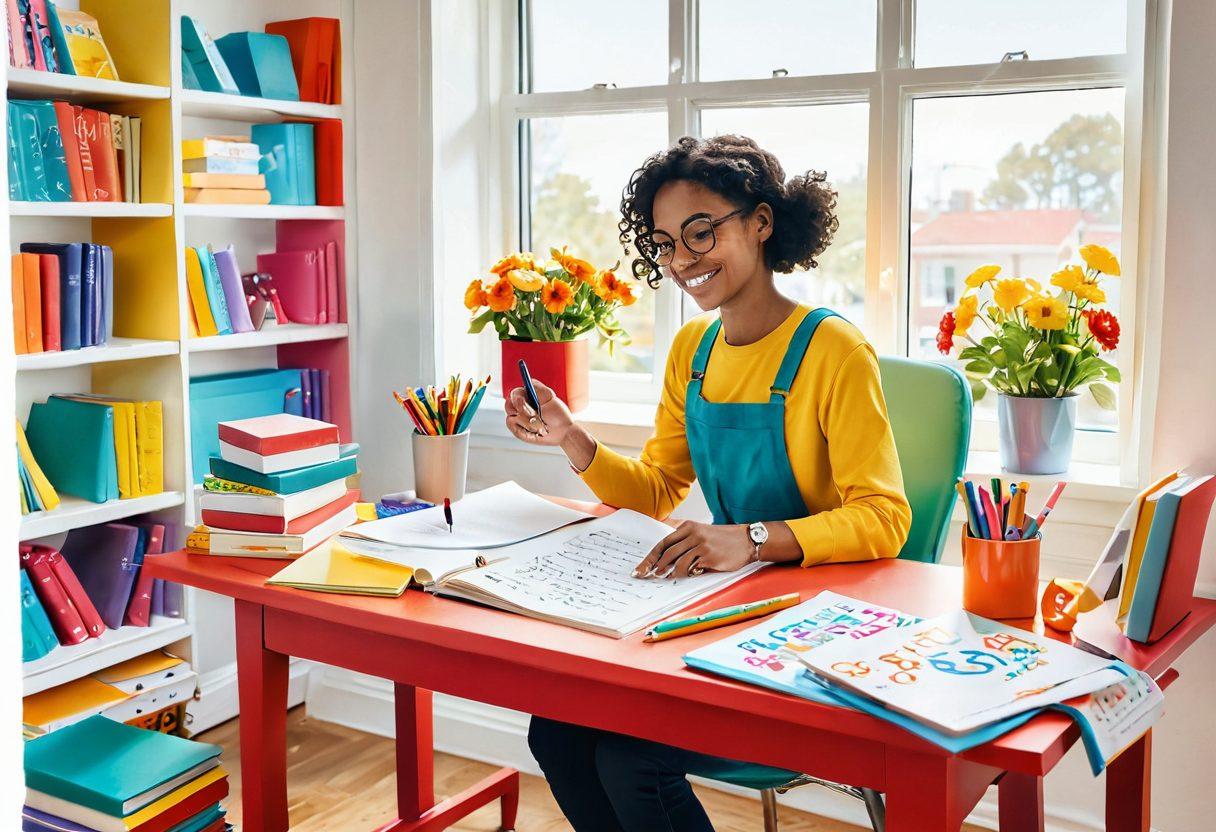A whimsical illustration of a joyful person sitting at a colorful desk surrounded by cheerful stationery, books, and a bright open window letting in sunlight, as they enthusiastically write cheerful words on paper. Various expressions of happy letters and grammatical symbols float around, bringing the scene to life. whimsical art. vibrant colors. white background.